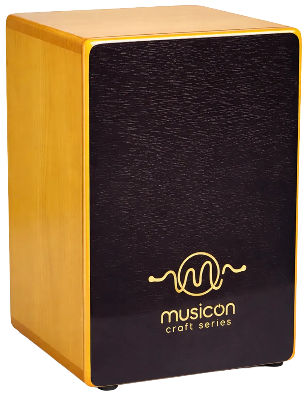 MusicOn Craft Series cajon at three-quarter angle showing pinewood body